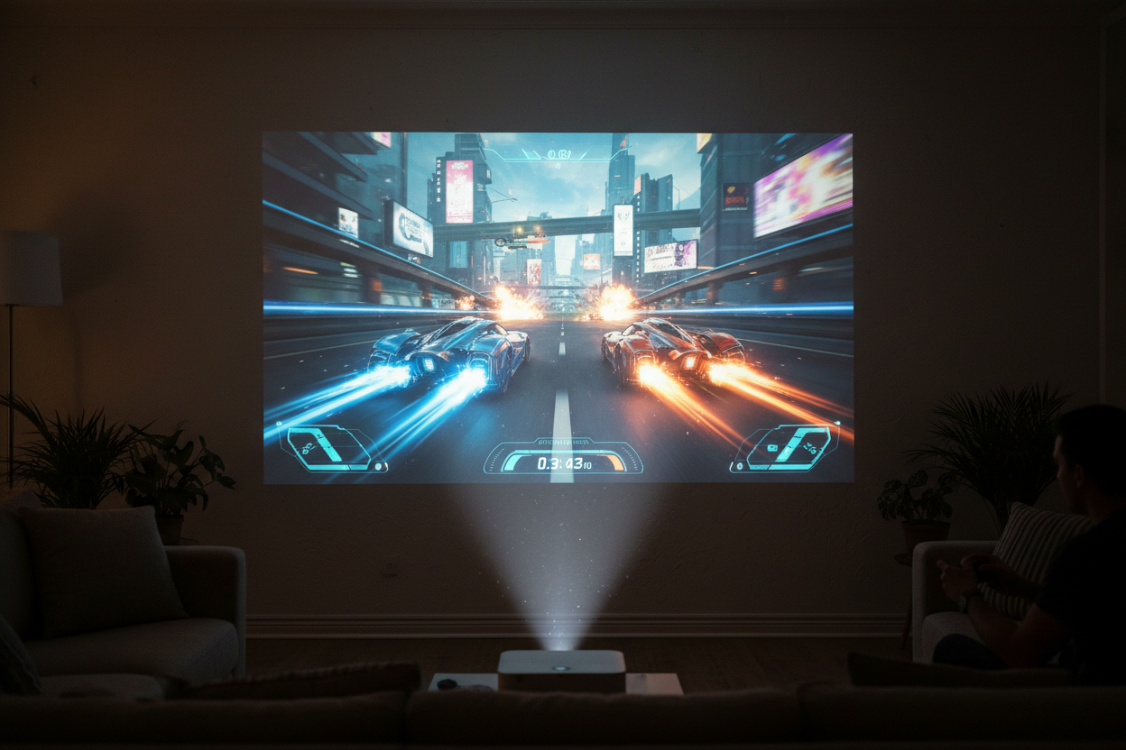 Genera una imagen de una pared proyectada con un videojuego que se vea realista