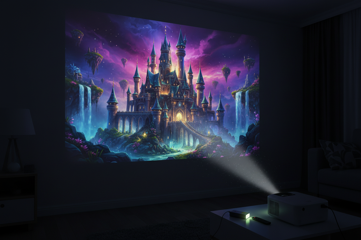 pared proyectada por un proyector portatil en el que se proyecte una imagen de fantasia de un castillo